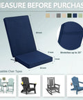 Set Of 2 Outdoor Adirondack Chair Cushions With Removable Covers And Water Repellent And Fade Resistant Faux Linen Securing Straps And Non Slip Bottom Fits Most Adirondack And Rocking Chairs In Navy with dimensions and chair compatibility.