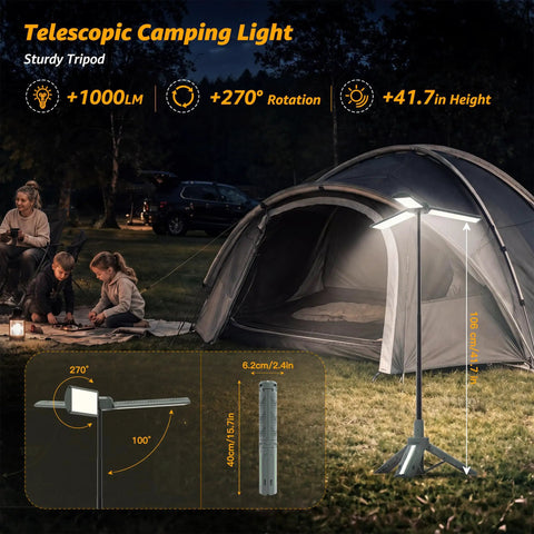 Rechargeable Camping Lantern With Stand And Telescopic Pole 8000mAh Power Bank illuminated next to a tent at night