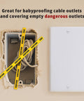 Pack Of Ten 1 Gang Wall Plate Covers That Look Slick Durable Shatterproof Outlet Covers For Easy Install Heat And Fade Resistant Clean Modern Look For Any Room Ideal For Do It Yourself Home Improvement And Retrofit Projects shown next to an uncovered outlet with caution tape.