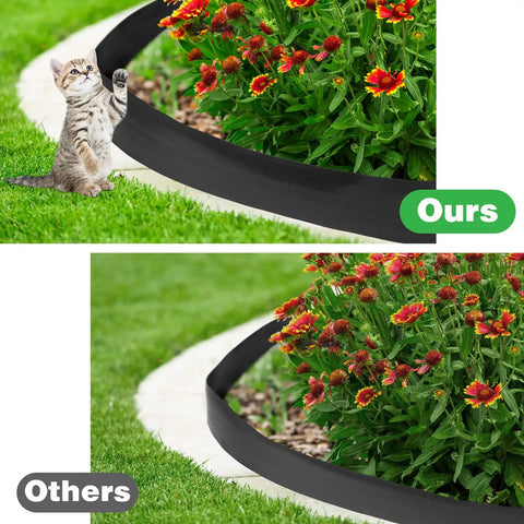 Comparison of two garden borders: Top image shows 6 Inch Tall Landscape Plastic Edging Kit With 66 Ft Length And Hammer Spikes