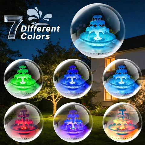Display of 7-color changing Sun Powered 3 Tier Solar Fountain Pump With LED Lights For Outdoor Water Feature Bird Bath