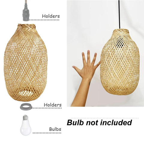 Rustic Bamboo Lamp Cage Pendant Light Shade with Dimmable 40W LED Bulb, natural finish, basket design, D8.7 x H15.7.