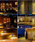 Sun Powered Deck And Fence Lights Two Pack Outdoor waterproof Patio Decor Dusk To Dawn Warm White Glow No Fuss Install illuminating various outdoor settings including railings, front doors, fences, pools, steps, and patios with a flower pattern.