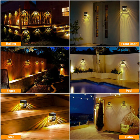 Eight Pack Solar Fence Lights With Dusk To Dawn Auto On illuminating various outdoor areas like fences, steps, and patios.