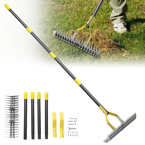 Dual Head 19 Tooth Thatch Rake 55 Inch Heavy Duty Dethatcher with adjustable handle for soil loosening and yard cleanup