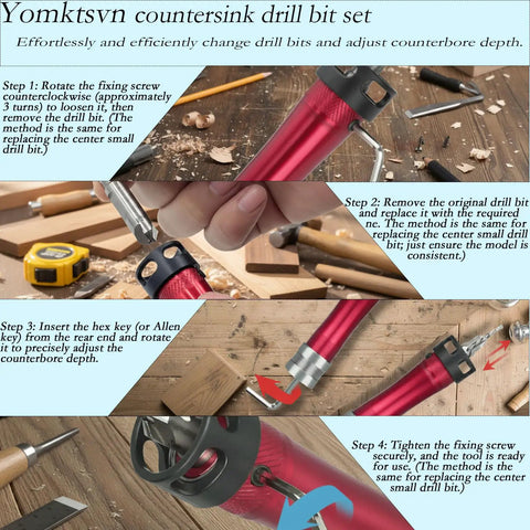 Heavy Duty Eight Piece Countersink Drill Bit Set Featuring Adjustable Depth Stops And No Sweat Quick Swap Hex Shank For Wood Metal Plywood Mdf Plastic Comes With Tough Carry Case showing replacement steps on a wooden surface.