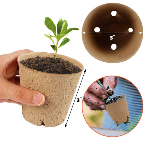 Seed Starter Tray Kit With 100 Biodegradable Peat Pots And 100 Plant Labels For Seedlings No Mess Easy Start Garden, hand holding 3x3 pot