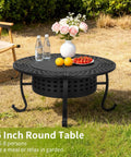 36 Inch Fire Pit Table With 2 Adjustable Grills Wood Burning Outdoor Fire Pit set for backyard, with drinks and flowers.