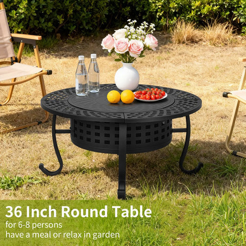 36 Inch Fire Pit Table With 2 Adjustable Grills Wood Burning Outdoor Fire Pit set for backyard, with drinks and flowers.