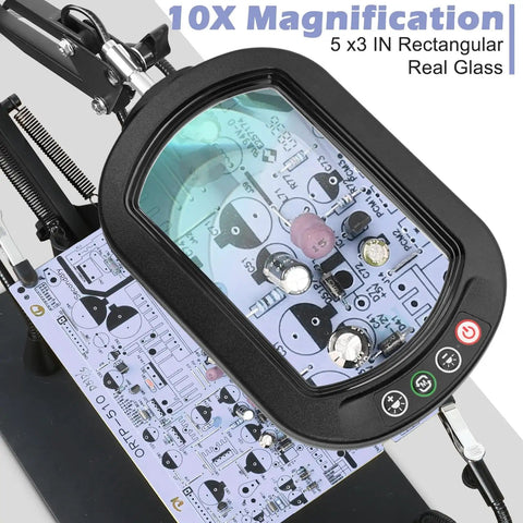Helping Hands Soldering Station With 10X Rectangular LED Magnifier showing PCB board detail.
