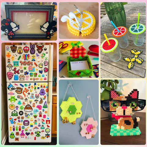 Creative crafts from Epic Fuse Beads Kit With 19,200 Beads In 92 Colors, including magnets and decorations.