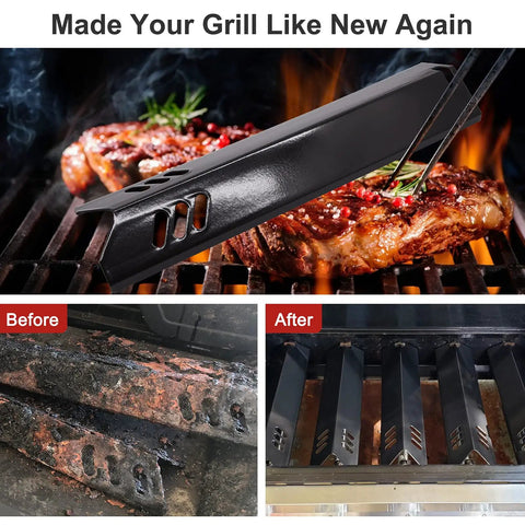 15 Inch Porcelain Grill Heat Shields Replacement Set for Backyard Barbecue Grills over steaks with before and after comparison.