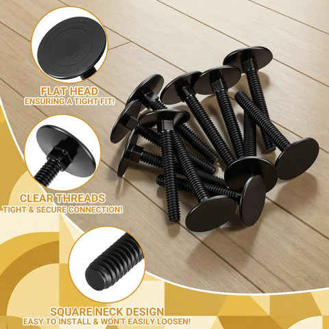 60 Pack Of 1/4-20 X 2 Inch Elevator Bolts Offering A Badass Grip With A Tight Square Neck And Slick Flat Head Profile forged from heavy duty black galvanized steel on a wooden surface.