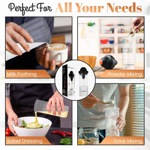 Milk Frother With Glass Pitcher Handheld Battery Operated Foam Maker For Coffee Latte Cappuccino Hot Chocolate Dressing Easy To Use Durable ABS Body With Stainless Steel Whisk Great Kitchen Gadget in use for various tasks