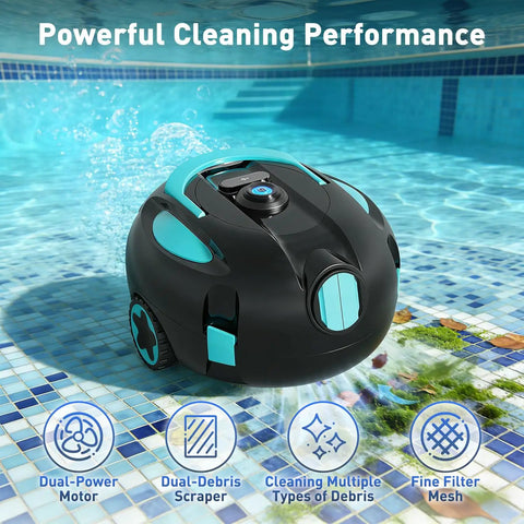 Cordless Robotic Pool Cleaner With Dual Suction And 130 Minute Runtime in a pool showcasing its dual-power performance and design.