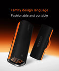 Boom Out Loud Party Bluetooth Speaker 50W Power, Waterproof Portable Wireless Audio, 26 Hour Playtime For Outdoor Ragers Sync Up To 100 Units Super Cool Design in black and orange.