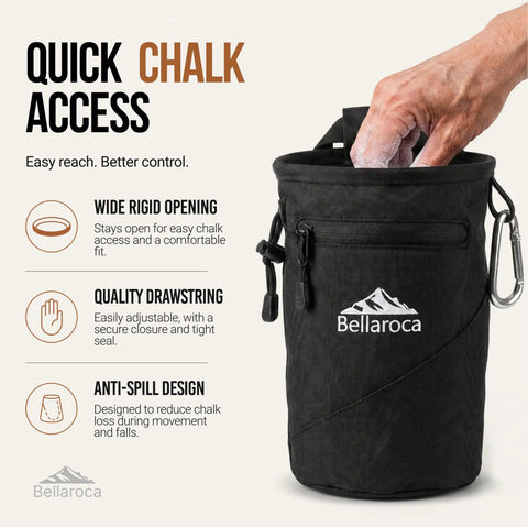 Climbing Chalk Bag With Waist Belt And Carabiner For Rock Climbing And Bouldering Rigid Rim Soft Fleece Lining No Spill Drawstring Pouch