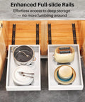 Legit Heavy Duty Pull Out Cabinet Organizers, showcasing cookware and dishes in a frameless cabinet with full extension slides.