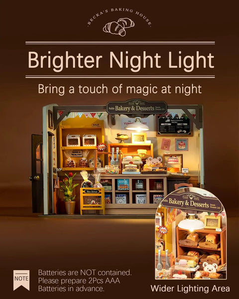 Beginner Friendly DIY Miniature Dollhouse Kit With LED Lights For Adults showcasing a cozy bakery studio with bright lighting