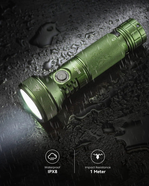 IF22A Rechargeable Flashlight With SFT40 LED 2100 Lumen High Output Beast Bright 690 Meter Long Throw TIR Lens USB C Fast Charging Green Outdoor Torch For Hiking Camping Nighttime Use, shown in rainy conditions