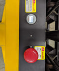Control panel of Built Tough Electric Wide Leg Pallet Stacker Heavy Lifter, showing battery gauge and emergency stop button.