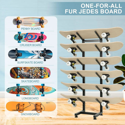 Heavy Duty 6 Layer Skateboard Floor Stand And Wall Mount Rack To Park Longboard Cruiser And Mini Deck Plus Snowboard Storage Rack Shop Grade showing various boards.