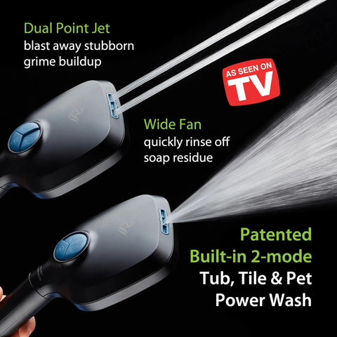 Six Way High Pressure Showerhead System With 82 Spray Modes showing dual point jet and wide fan features for effective cleaning.