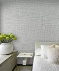 Bedroom wall with Textured Fabric Wallpaper Gray Faux Grasscloth Peel And Stick Waterproof Self Adhesive Roll For Countertops Walls Backsplash And Cabinet Liners Removable Dope Easy Cut 24 By 196 Inches behind bed and vase