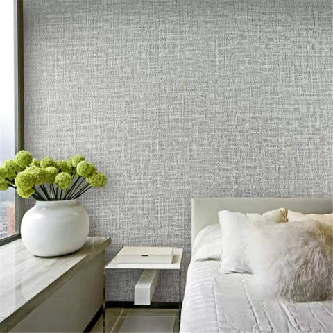Bedroom wall with Textured Fabric Wallpaper Gray Faux Grasscloth Peel And Stick Waterproof Self Adhesive Roll For Countertops Walls Backsplash And Cabinet Liners Removable Dope Easy Cut 24 By 196 Inches behind bed and vase