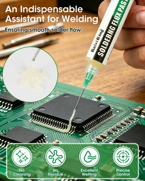 Pro Grade No Clean Rosin Flux Paste And Desoldering Wick Kit for Electronics Repair on PCB with soldering flux application