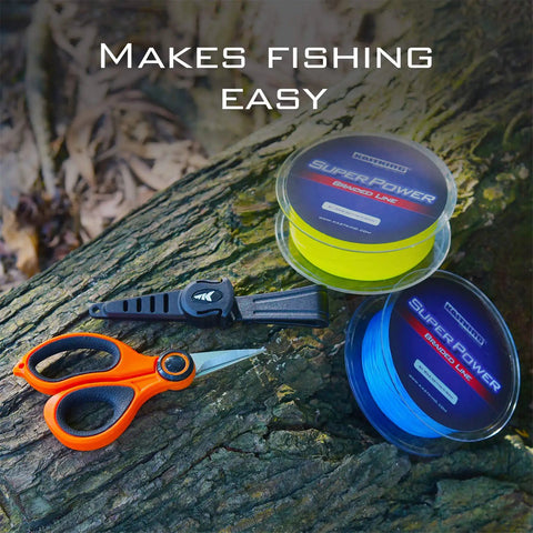 Paradox 5.5 Inch Fishing Scissors With Serrated 3CR13 Japanese 420 Stainless Blades For Braided Line Mono And Fluorocarbon In Freshwater And Saltwater No Fuss Lightweight Durable Handle For Easy On The Go Cuts shown with braided line spools