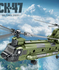 CH-47 Military Helicopter Building Set For Adults And Kids in flight over landscape, featuring detailed cockpit and body design