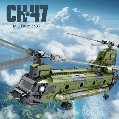 CH-47 Military Helicopter Building Set For Adults And Kids in flight over landscape, featuring detailed cockpit and body design