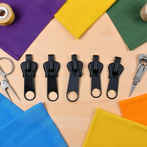 Six Black Zipper Sliders Replacement Kit For Quick Fixes On Jackets Backpacks And Clothes Instant Zip Repair Pack displayed on table
