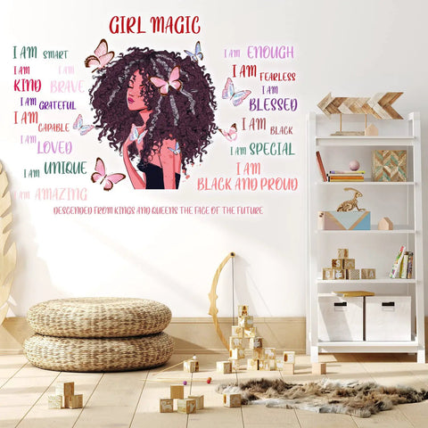Black Girl Wall Decal With Inspirational Quote And Butterfly Sticker For Afro Woman Bedroom Playroom And Classroom Decor Motivational Wall Art For Kids And Photography Props Vibe, featuring colorful text and butterflies.