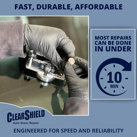 Close-up of Pro Grade Windshield Repair Kit for Chips, Cracks, and Scratches, Auto Glass Repair Tool being used on vehicle glass.