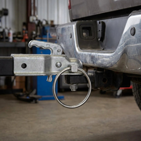 Heavy Duty Stainless Steel Locking Linch Pins With O-Ring Retainers secure utility trailers with hitch and O-ring detail.