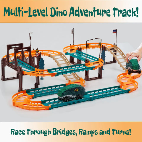 Multi-level Rex Racer Dino Race Track Set With Flexible Track and Motorized Car featuring bridges and snap-to-play design.