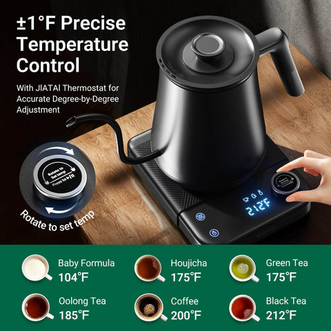 Gooseneck Electric Kettle With Plus Or Minus One Degree Fahrenheit Precision Temperature Control For Pour Over Coffee And Tea on a wooden surface with control dial
