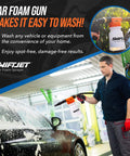 Man using Foam Cannon Car Wash Gun With Microfiber Mitt, No Pressure Washer Needed for car washing, orange gun visible