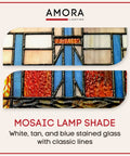 Close-up of mosaic stained glass on Cool Tiffany Style Table Lamp With Stained Glass Shade Geometric Mission Night Light Blue White Brown