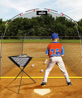 Child practicing in Heavy Duty Batting Cage Net With Steel Frame, 13 Feet Long, 10 Feet Wide, And 8 Feet High on baseball field