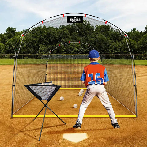 Child practicing in Heavy Duty Batting Cage Net With Steel Frame, 13 Feet Long, 10 Feet Wide, And 8 Feet High on baseball field