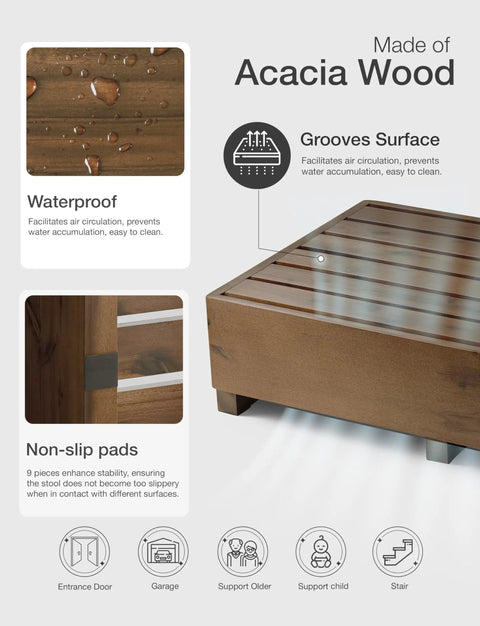 Close-up of Six Point Five Inch One Step Stool for seniors, made of acacia wood with waterproof surface and non-slip pads details.