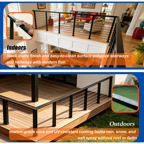 Premium 8ft Black Cable Railing Handrail Kit With Four Pieces Of Heavy Duty 304 Stainless Steel Deck Top Guardrails featuring sleek matte finish indoors.