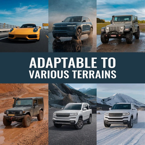 Various SUVs and sports cars displayed in diverse terrain settings, showcasing adaptability to different environments.