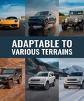 Collage of vehicles showcasing adaptability to various terrains like road, rain, mud, and snow.