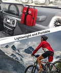 Red VRIEXSD 400-Piece large first aid kit bag mounted on car dashboard and attached to bicycle.