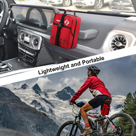 Red VRIEXSD 400-Piece large first aid kit bag mounted on car dashboard and attached to bicycle.
