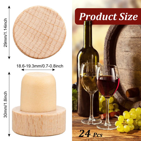 24 Piece T Shaped Cork Plugs Set Reusable Wooden And Rubber Wine And Beer Bottle Stoppers For Fresh Tastes Easy Seal And Everyday Use At Home Or On The Go with product size details and wine bottle